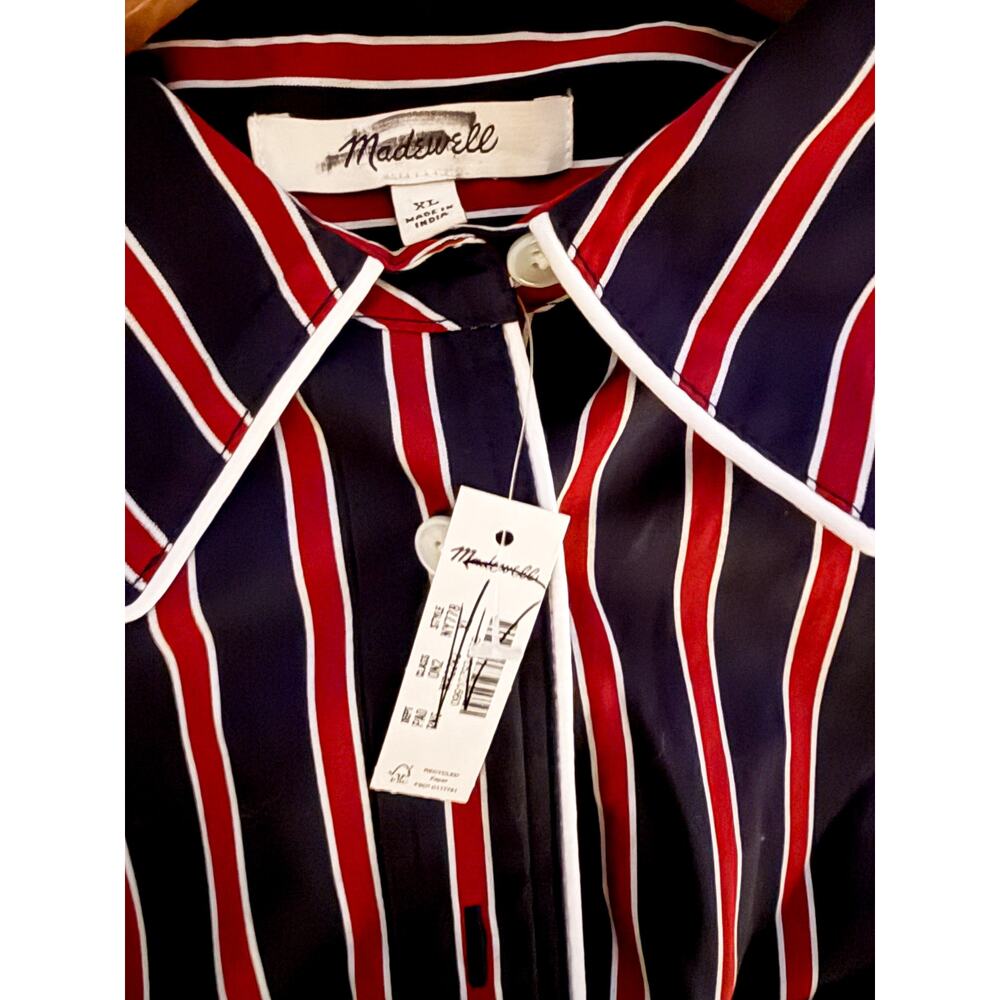 Madewell | NWT Striped Button Up Shirt Red Navy Poplin Relaxed | Sz XL - Picture 10 of 10